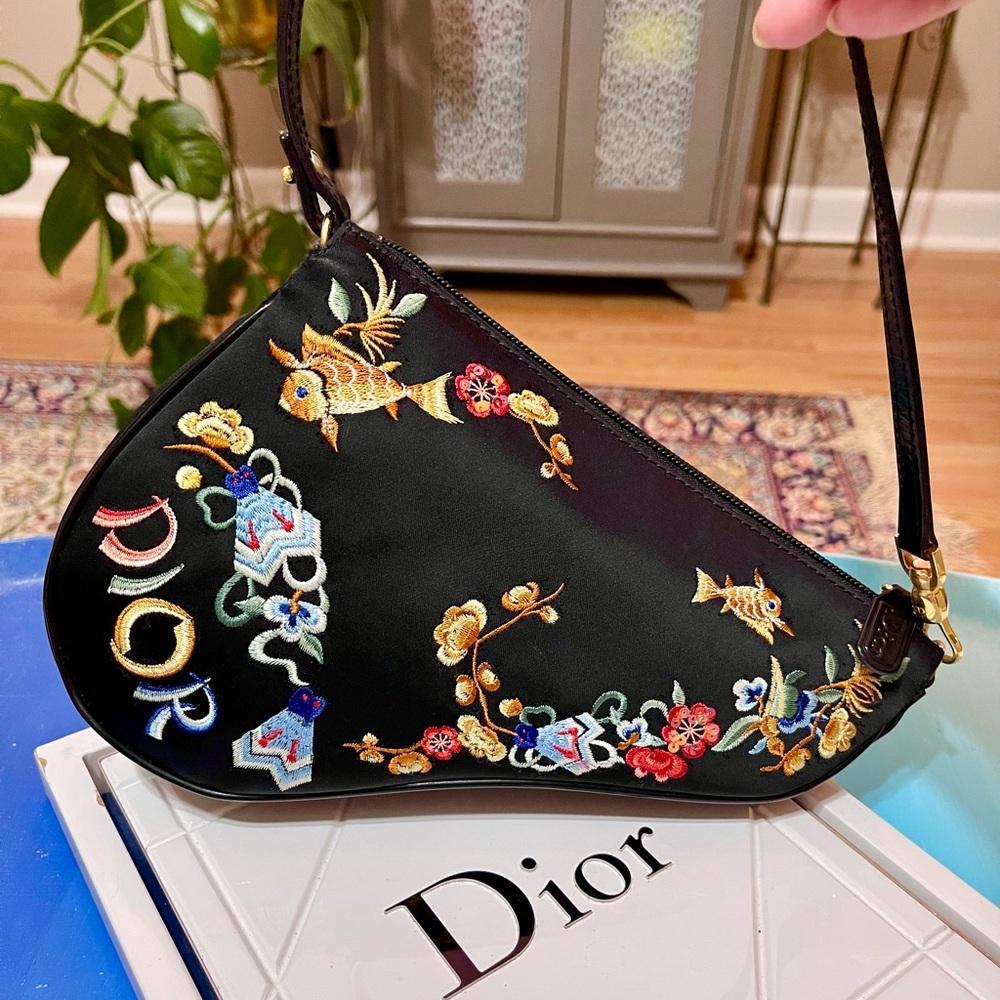 Dior Limited Edition Black Silk Embroidered Koi Fish Saddle Bag